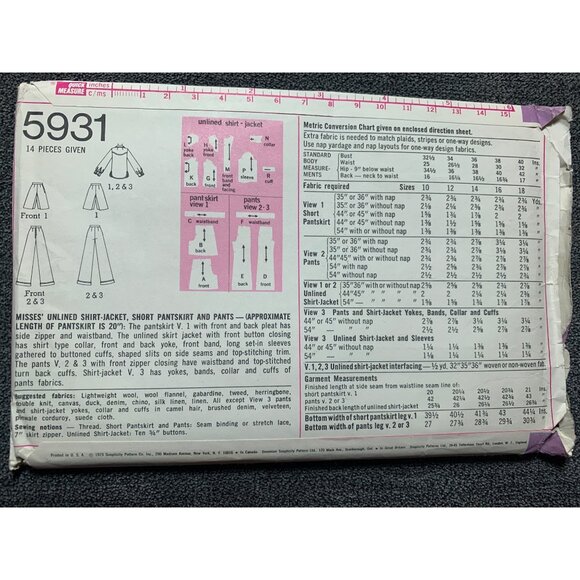 Simplicity Misses Jacket Shorts Pants Sewing Pattern sz 10 5931 - uncut - Picture 6 of 11